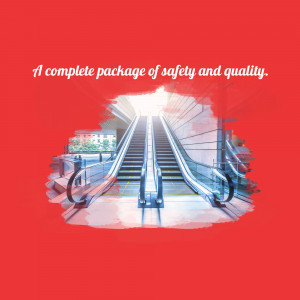 Escalator leading to bright light with text 'A complete package of safety and quality.'