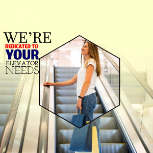 Woman riding an escalator with shopping bags, promoting elevator services.