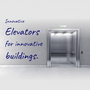 Image of an open elevator door with text promoting innovative elevators for modern buildings.