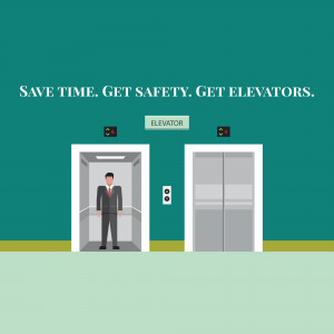 Illustration of an elevator with a businessman inside, promoting elevator services.
