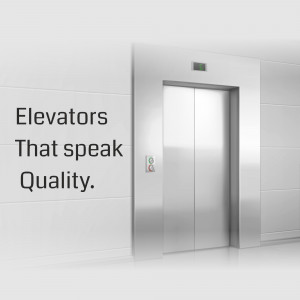 Stainless steel elevator doors in a bright hallway with text 'Elevators That Speak Quality'