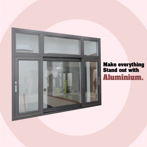 Close-up of a grey aluminium sliding window with a pink background and text promoting aluminium.