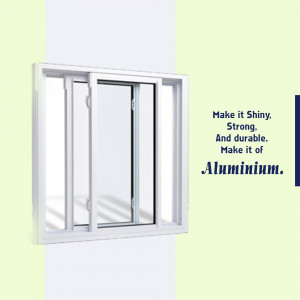 Close-up of a white aluminum sliding window against a pale green wall with text promoting aluminum's durability.