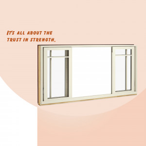 A white framed window with the text 'It's all about the trust in strength.'