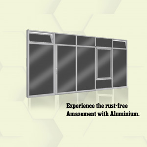 Modern aluminum windows with a reflective surface and text promoting rust-free quality.