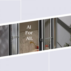 View through glass doors with 'AI For All' text overlay