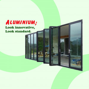 Black aluminium bi-fold doors with a view of a garden