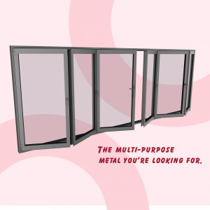 Close-up of a gray bi-fold metal window with a pink abstract background.