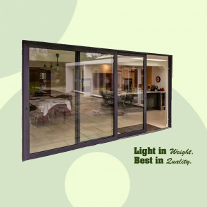 A large sliding glass door leading from a room to a patio.