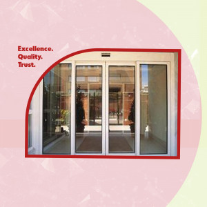 Automatic glass sliding doors with red border and text 'Excellence. Quality. Trust.'