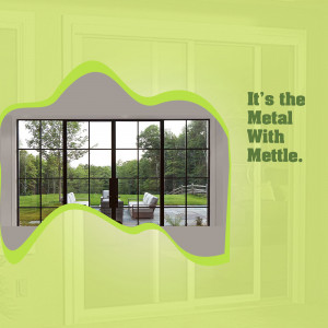 View through a uniquely shaped window of a patio and garden.