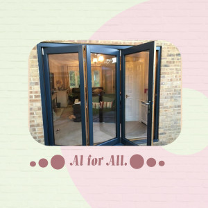 Blue bi-fold doors opening into a bright room