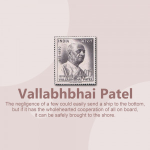 Vintage Indian postage stamp featuring Vallabhbhai Patel with text and quote.