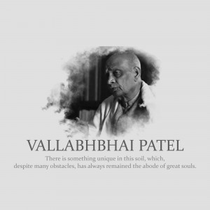 Black and white portrait of Sardar Vallabhbhai Patel with a quote.