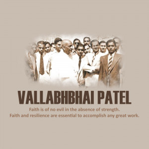 Black and white image of Vallabhbhai Patel with other leaders, with text and a quote.
