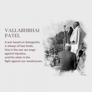 Black and white image of Vallabhbhai Patel with a quote about Satyagraha.