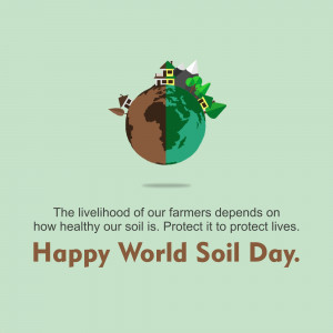 Illustration of a globe divided into healthy and barren land, with text promoting soil health.