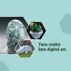 Collage of 3D digital art creations including a skull, cacti, and rhino.