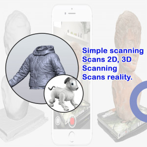 Smartphone displaying 3D scanning application with various scanned objects around it.