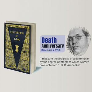 Image commemorating the death anniversary of Dr. B.R. Ambedkar with a book and his portrait.