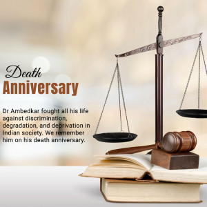 Scales of Justice with books and gavel, commemorating Dr. Ambedkar's death anniversary.
