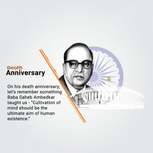 Portrait of Dr. B.R. Ambedkar with Indian flag and Parliament building in the background