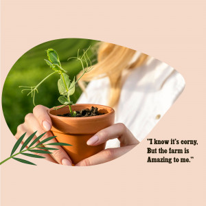 Hands holding a small plant in a terracotta pot with a blurred background of a person and greenery.