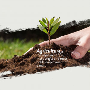 A hand holding a small plant growing from soil with text about agriculture.