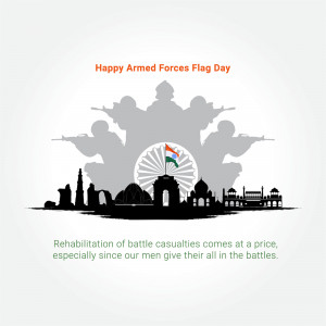 Armed Forces Flag Day illustration with Indian flag and silhouettes of soldiers and landmarks.