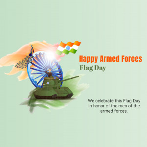 Image depicting Indian Armed Forces Flag Day with a peacock, Indian flag, Ashok Chakra, and a tank.