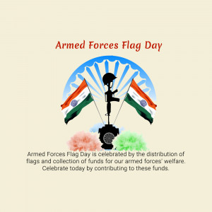 Image depicting Armed Forces Flag Day with a helmet, flags, and a message about fund collection.
