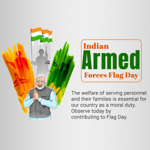 Image depicting Indian Armed Forces Flag Day with the Indian flag, a soldier silhouette, and Prime Minister Modi.