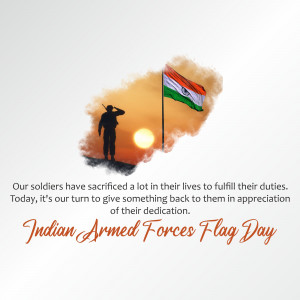 Silhouette of a soldier saluting the Indian flag against a sunset backdrop with text honoring armed forces.