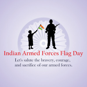 Silhouette of a soldier and a child with the Indian flag, celebrating Armed Forces Flag Day.