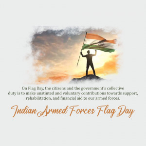 Silhouette of a person holding the Indian flag against a sunset backdrop with text commemorating Indian Armed Forces Flag Day.