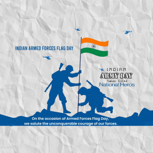 Silhouette of soldiers with the Indian flag, commemorating Armed Forces Flag Day.