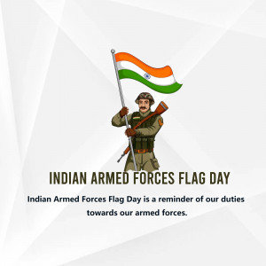 Illustration of an Indian soldier holding the national flag with text 'Indian Armed Forces Flag Day'