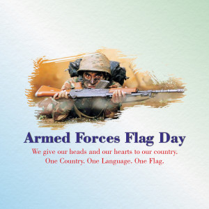 Illustration of a soldier with a rifle and the text 'Armed Forces Flag Day'