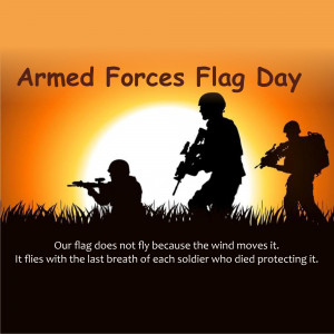Silhouette of soldiers against a sunset background with Armed Forces Flag Day text.
