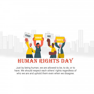 Illustration of diverse people holding signs advocating for human rights.