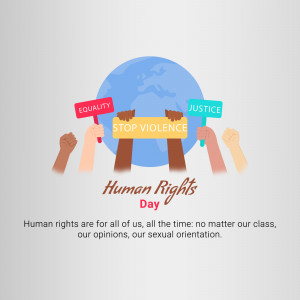 Diverse hands holding signs advocating for equality, justice, and an end to violence on Human Rights Day.