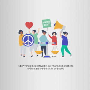 Illustration of diverse people advocating for human rights, peace, and justice with scales of justice.