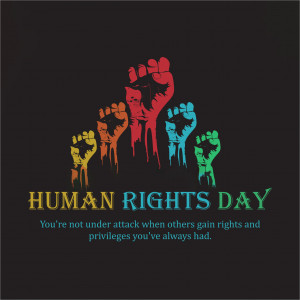 Illustration of raised fists in various colors with the text 'Human Rights Day'
