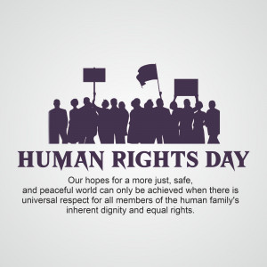 Silhouette of people holding signs and flags for Human Rights Day