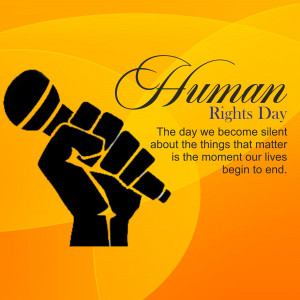 Illustration of a raised fist holding a microphone with the text 'Human Rights Day' and a quote.