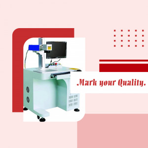 Fiber laser marking machine with computer and red abstract design