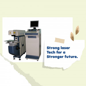 Industrial laser engraving machine with computer and text overlay