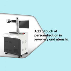 Laser engraving machine with text 'Add a touch of personalisation in jewellery and utensils'