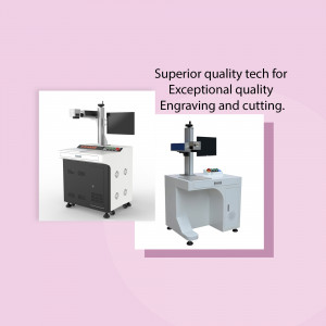 Two laser engraving and cutting machines, one white and one dark gray, with text overlay.