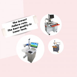 Three laser marking machines with text highlighting low failure rates and high quality.